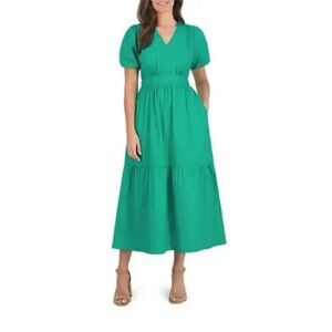 French Connection Poplin Puff Sleeve V Neck Tiered Fit and Flare Maxi Dress